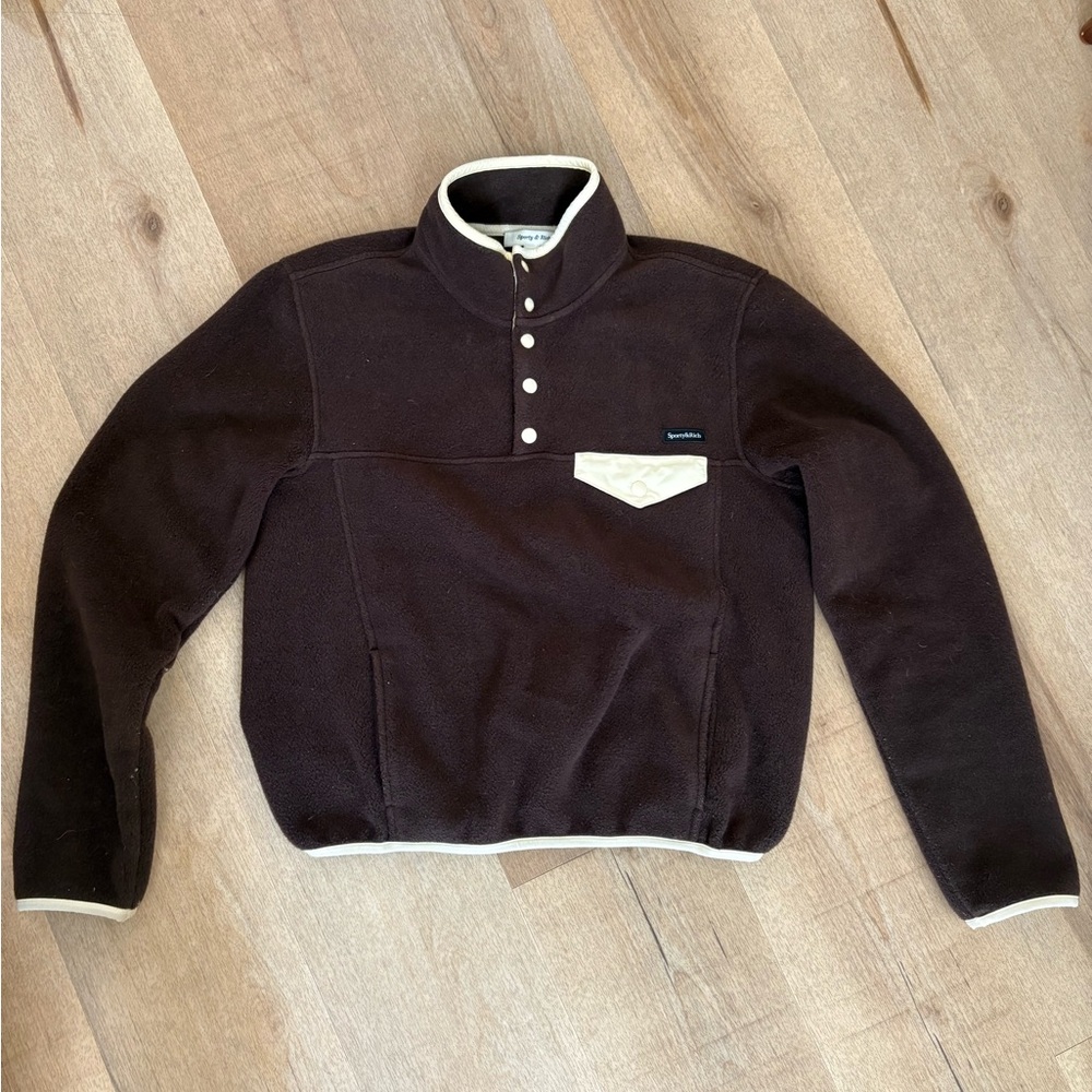 Brown Sporty and Rich Fleece Pullover with Cream Accents